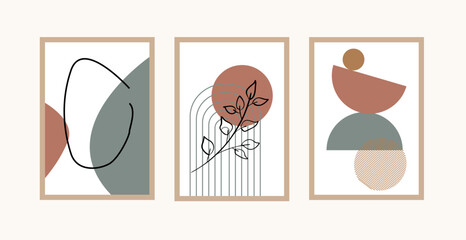 Botanical wall art vector set. Unique color foliage line art drawing with abstract shape. Design for wall framed prints, canvas prints, poster, home decor, cover, wallpaper.