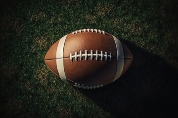 Obraz premium American football ball close up view on grass field, Generative AI