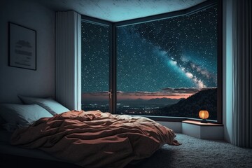 Bedroom interior with large glass window overlooking the milky way and stars, Generative AI