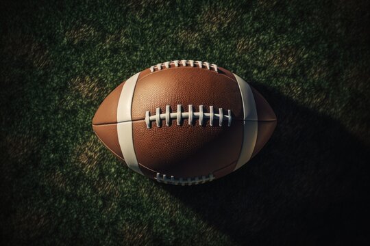 American football ball close up view on grass field, Generative AI

