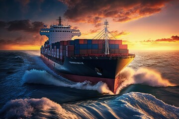 Cargo ship with containers on the high seas at sunset, Generative AI - obrazy, fototapety, plakaty