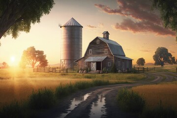 Farm landscape with barn and silo at sunset, Generative AI