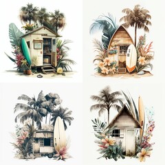 cartoon illustration, surfboard, house, trees, palm trees and flowers, ai generative