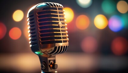 Microphone on bokeh background with copy space, Generative AI
