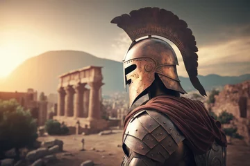Fotobehang Spartan soldier and Greek monument in the background, Generative AI © Kaleb