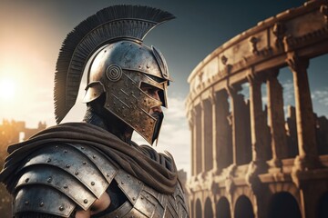 Spartan soldier and Greek monument in the background, Generative AI - obrazy, fototapety, plakaty