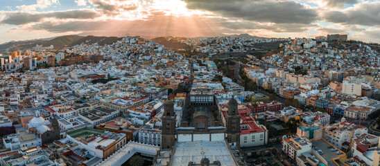 Panoramic aerial view of Las Palmas de Gran Canaria and Las Canteras beach at sunset, Canary...