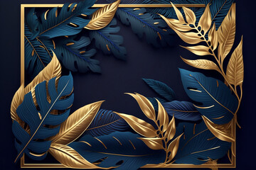 blue and yellow feathers. Beautiful luxury dark blue textured 3D background
