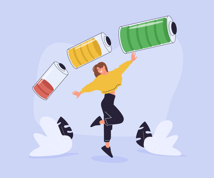 Vital energy, human energy boost concept. Character with a high level of life battery charge indicator. Active person