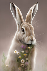 Obraz na płótnie Canvas Rabbit eats wild flowers on a light background. Nursery decor, wall art, printable illustration. generative AI