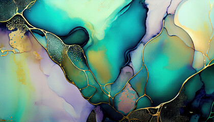 Liquid Abstrct Green and Gold Alcohol Ink Painting Background AI Generative