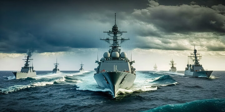 Military Ships at Sea: Navy Vessels in the Pacific as Part of a Carrier Strike Group. digital ai art	
