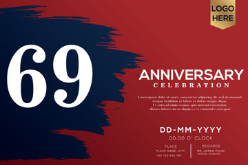 69 years anniversary celebration vector with blue brush isolated on red background with text template design