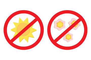 A set of sun and three flowers in the 3D style under the sign of a ban. Sticker. Icon. Isolate. EPS