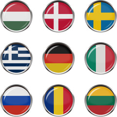 世界の国旗ボタンアイコンセット☆ヨーロッパ☆ハンガリー,デンマーク,スウェーデン,ギリシャ,ドイツ,イタリア,ロシア,ルーマニア,リトアニア