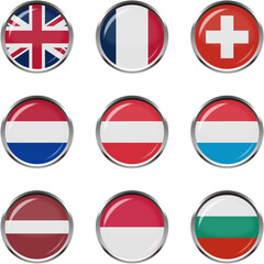 世界の国旗ボタンアイコンセット☆ヨーロッパ☆イギリス,フランス,スイス,オランダ,オーストリア,ルクセンブルグ,ラトビア,モナコ,ブルガリア