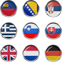 世界の国旗ボタンアイコンセット☆ヨーロッパ☆リヒテンシュタイン,ボスニアヘルツェゴビナ,セルビア,ギリシャ,スロベニア,スロバキア,イギリス,オランダ,ドイツ