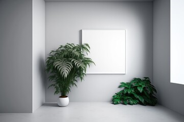 Empty wall with plants and clean mockup frame soft light, Interior design - Generative AI illustration