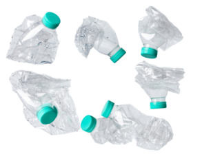 Plastic Bottle fall fly in mid air, pet plastic bottle floating explosion with green lid. Used twist water plastic bottles throw in air. White background isolated freeze motion high speed shutter