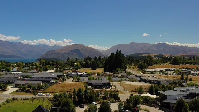 Aerial, drone shot of Wanaka, Lake Wanaka. Touristic destination in New Zealand.