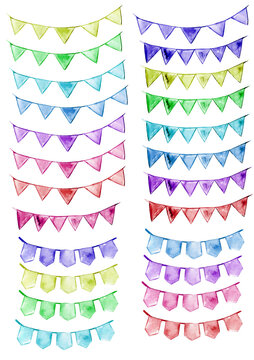 Set of bunting banners, 300 dpi png, watercolor clipart, colorful birthday party design, isolated images with transparent background