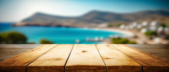 Empty wooden table top with a blur view of the coastline of a gorgeous Greek island. vacation concept. to mount your product. digital art