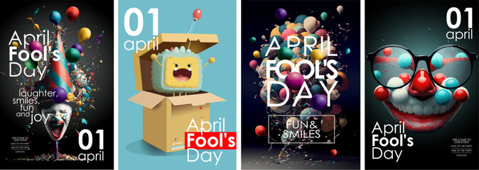April 1, April fool's day. Crazy funny illustrations of a laughing clown in a cap, a toy on a spring, glasses with a nose and a smile, balloons for a poster, background or greeting card - obrazy, fototapety, plakaty