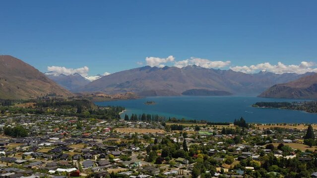 Aerial, drone shot of Wanaka, Lake Wanaka. Touristic destination in New Zealand.