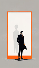 Young adult just before a poster. An adult in the presence of a wall. Background with copy space. One sigle guy ahead of a banner. Young man in front of a board. Person before a wall. Ai generated.