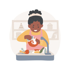 Learning to wash dishes isolated cartoon vector illustration. Washing toy dishes, toddler helps to clean, imitating adult, self-care skill development, kindergarten activity vector cartoon.