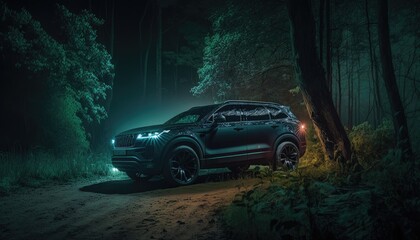Obraz na płótnie Canvas Car suv in forest at night. Created with Generative AI.