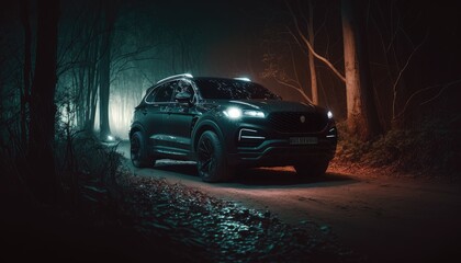 Car suv in forest at night. Created with Generative AI. - obrazy, fototapety, plakaty