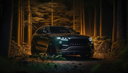 Car suv in forest at night. Created with Generative AI. - obrazy, fototapety, plakaty
