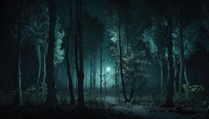 Fototapeta premium forest at night with a big moon. Created with Generative AI.
