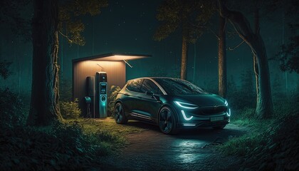 Fototapeta na wymiar electric car charging at an EV station in a green forest environment. Created with Generative AI.