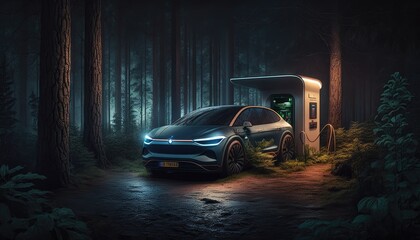 Obraz na płótnie Canvas electric car charging at an EV station in a green forest environment. Created with Generative AI.