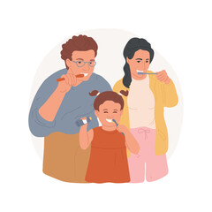 Brushing teeth together isolated cartoon vector illustration. Happy parents brushing teeth with kid together, people hygiene rules, family lifestyle, morning rituals vector cartoon.