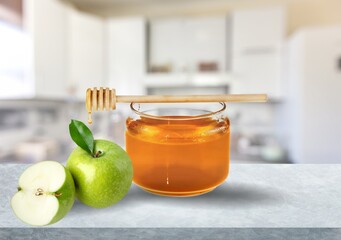 Tasty fresh ripe juicy apples fruits and honey