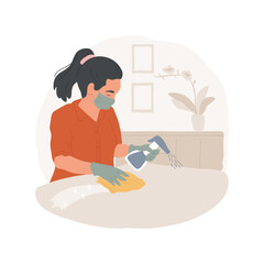 Fototapeta na wymiar Surface sanitation isolated cartoon vector illustration. Woman in gloves making surface sanitation at home with disinfectant spray bottle, table cleaning, hygiene rules vector cartoon.