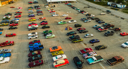 Indianapolis, Indiana, United States - May 11th, 2022: An aerial view of a vintage car show at the Indiana State Fairgrounds.