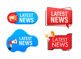 Megaphone label set with text Latest news. Megaphone in hand promotion banner. Marketing and advertising