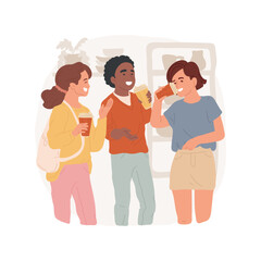 Coffee shop isolated cartoon vector illustration. Smiling teens sitting with take away coffee cups, girls laughing and drinking coffee together, adolescent meal preference vector cartoon.