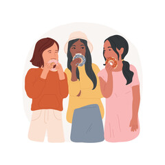 Donut isolated cartoon vector illustration. Beautiful girls eating delicious donuts together, teenage eating habits, enjoying yummy food outside, adolescent meal preference vector cartoon.