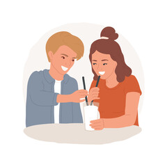 Milkshake isolated cartoon vector illustration. Cute teens couple drinking milkshake together, smiling teenagers hangout in cafe, adolescent meal preference, first date vector cartoon.