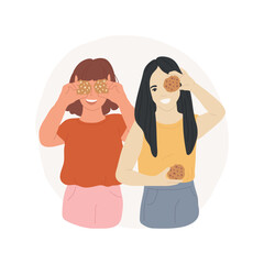 Cookies isolated cartoon vector illustration. Teenage girls laughing and making faces with cookies, teens eating habits, adolescent meal preference, friends having fun vector cartoon.