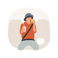 Snacking in the car isolated cartoon vector illustration. Teenage boy eating burger in car, quick snack on the go, enjoying junk food on way, adolescent meal preference vector cartoon.