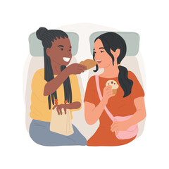 Snacking in public transport isolated cartoon vector illustration. Girls eating snack on way to school, young people having tasty lunch on road, teenagers bad eating habits vector cartoon.