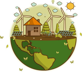 illustration of eco earth with of wind turbine, bike , solar cell ,house, and trees. Background for save earth day. Environmental, ecology, nature protection and pollution concept.
