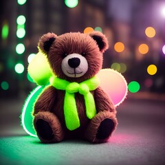 teddy bear with a lime green scarf.   
Created with generative AI