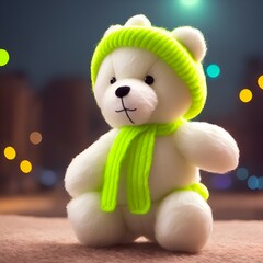 Teddy bear with neon scarf.   
Created with generative AI